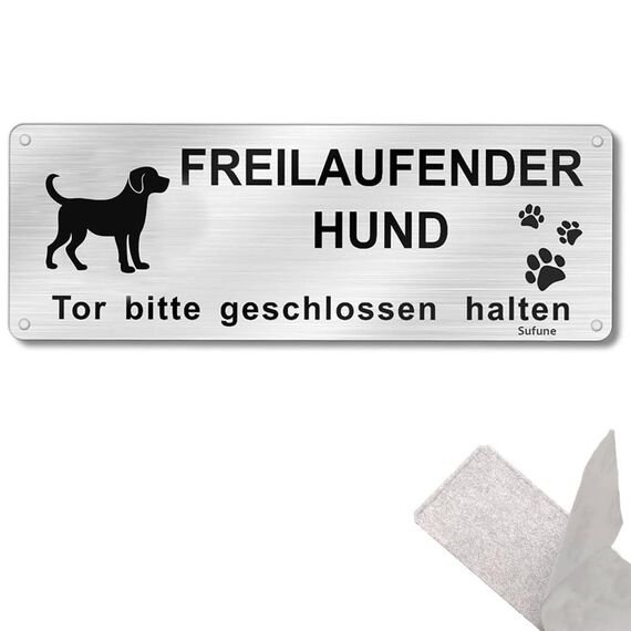 Vorsicht Freilaufender Hund - Achtung Hund Schild, Warnung Aluminium 25x9cm, Selbstklebend Mit Vorgebohrten Löchern, Innen/Außen