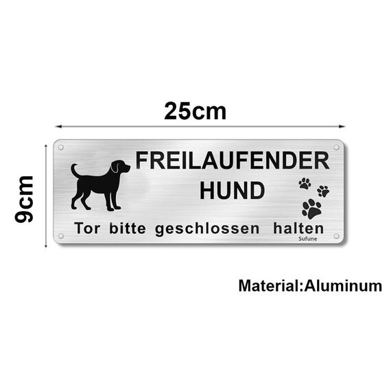 Vorsicht Freilaufender Hund - Achtung Hund Schild, Warnung Aluminium 25x9cm, Selbstklebend Mit Vorgebohrten Löchern, Innen/Außen
