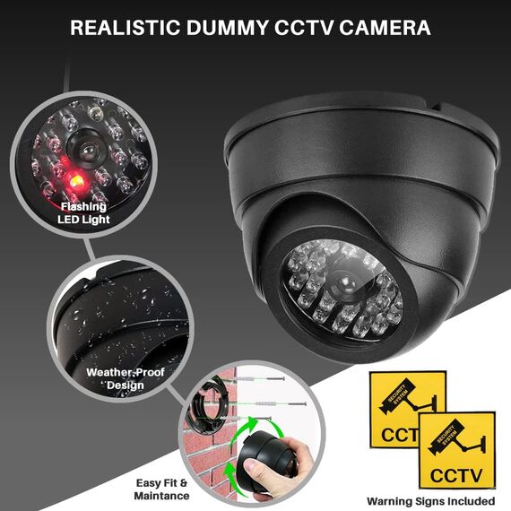 JUSTOP 2 x Kuppel-Attrappe, CCTV-Kamera, für den Innen- und Außenbereich, wasserdicht, mit Reality-LED-Licht, Schwarz (Doppelpack)