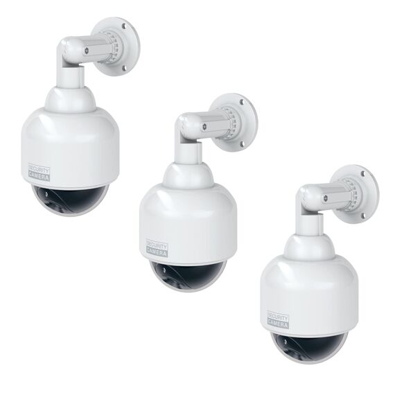 BASI | 3er Set Dome Kamera-Attrappe mit blinkendem LED-Licht | Dummy Kamera | Überwachungskamera für den Innen- und geschützten Außenbereich | 360 Grad Halterung | Weiß | CCTV