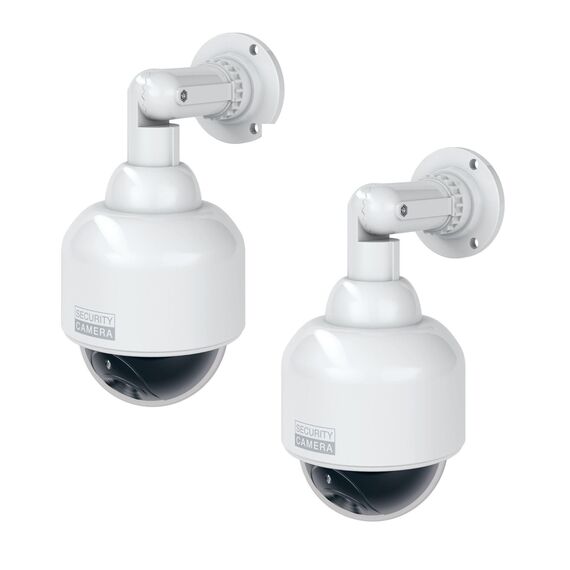 BASI | 2er Set Dome Kamera-Attrappe mit blinkendem LED-Licht | Dummy Kamera | Überwachungskamera für den Innen- und geschützten Außenbereich | 360 Grad Halterung | Weiß | CCTV