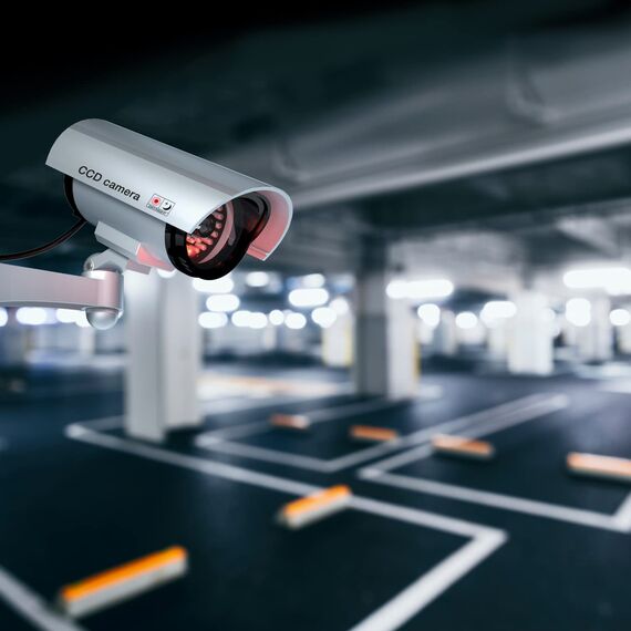 BASI | 2er Set Kamera-Attrappe mit blinkendem LED-Licht | Dummy Kamera | Sicherheitskamera | Überwachungskamera für den Innen- und Außenbereich | Wandhalterung | drahtlos, Silber | CCTV | 2 Stück