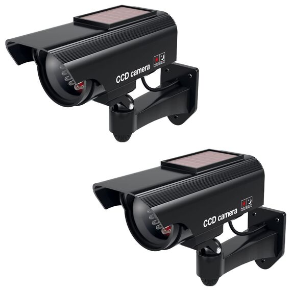 BASI | 2er Set Solar Kamera-Attrappe mit blinkendem LED-Licht | Dummy Kamera | Sicherheitskamera | Überwachungskamera für Innen- und Außenbereich solarbetrieben | Wandhalterung | Solar Panel | CCTV