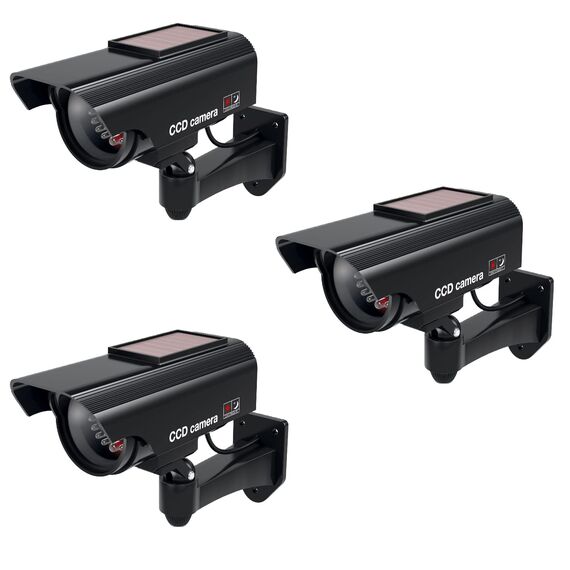 BASI | 3er Set Solar Kamera-Attrappe mit blinkendem LED-Licht | Dummy Kamera | Sicherheitskamera | Überwachungskamera für Innen- und Außenbereich solarbetrieben | Wandhalterung | Solar Panel | CCTV