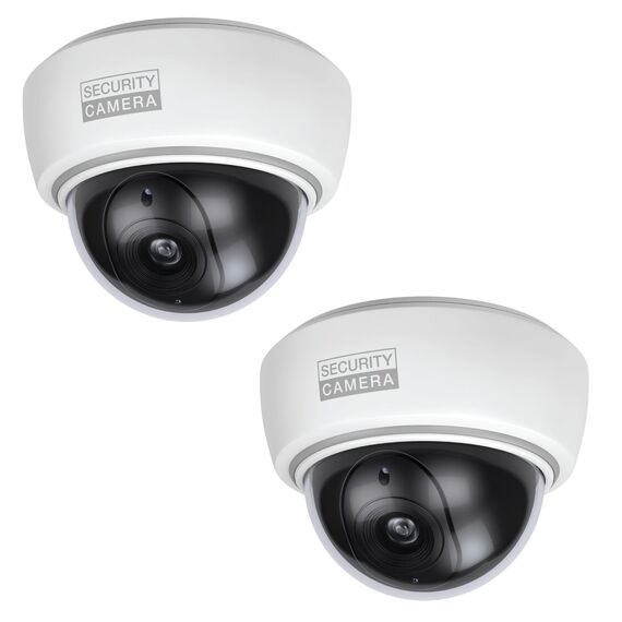 BASI | 2er Set Dome Kamera-Attrappe mit blinkendem LED-Licht | Dummy Kamera | Objektiv Überwachungskamera für den Innen- und geschützten Außenbereich | Wand- Deckenmontage | Weiß | CCTV