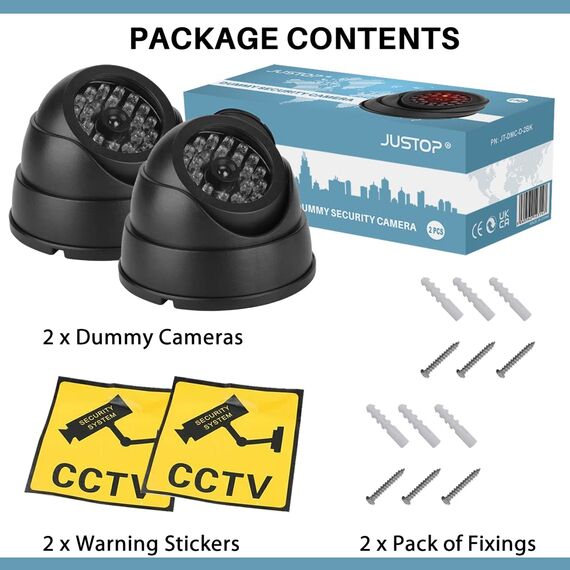 JUSTOP 2 x Kuppel-Attrappe, CCTV-Kamera, für den Innen- und Außenbereich, wasserdicht, mit Reality-LED-Licht, Schwarz (Doppelpack)