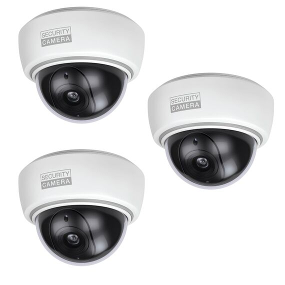 BASI | 3er Set Dome Kamera-Attrappe mit blinkendem LED-Licht | Dummy Kamera | Objektiv Überwachungskamera für den Innen- und geschützten Außenbereich | Wand- Deckenmontage | Weiß | CCTV