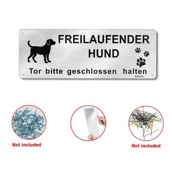 Vorsicht Freilaufender Hund - Achtung Hund Schild, Warnung Aluminium 25x9cm, Selbstklebend Mit Vorgebohrten Löchern, Innen/Außen