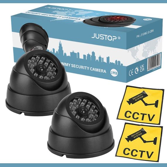 JUSTOP 2 x Kuppel-Attrappe, CCTV-Kamera, für den Innen- und Außenbereich, wasserdicht, mit Reality-LED-Licht, Schwarz (Doppelpack)