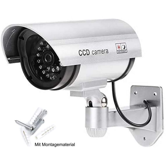 O&W Security Dome-Kamera Attrappe – Dummy Überwachungskamera wasserdicht für Innen & Außen, mit Objektiv & Blink-LED, Ø12,5 cm/H 9 cm, inkl. Montagematerial & Warnaufkleber