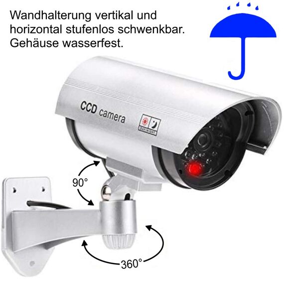 O&W Security Dome-Kamera Attrappe – Dummy Überwachungskamera wasserdicht für Innen & Außen, mit Objektiv & Blink-LED, Ø12,5 cm/H 9 cm, inkl. Montagematerial & Warnaufkleber