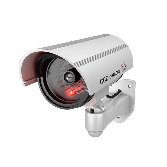 BASI | 3er Set Kamera-Attrappe mit blinkendem LED-Licht | Dummy Kamera | Sicherheitskamera | Überwachungskamera für den Innen- und Außenbereich | Wandhalterung | drahtlos, Silber | CCTV | 3 Stück