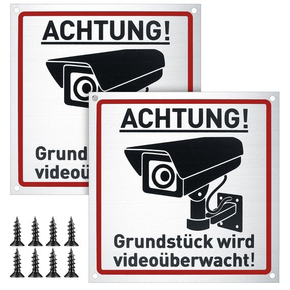 Achtung Videoüberwachung Schild, 2 Stk 15x15 cm Videoüberwachung Privatgrundstück, Videoüberwacht Warnschilder Hinweisschilder Aluminium für Innen Außen Kameraüberwachung