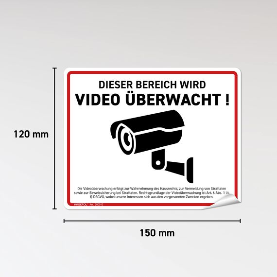 HAGEFOL® Aufkleber Videoüberwachung (15x12 cm - klein) mit DSGVO Hinweis, Luftkanalfolie: blasenfrei kleben, Kamera Warnhinweis für Überwachungskamera oder Kamera Attrappe