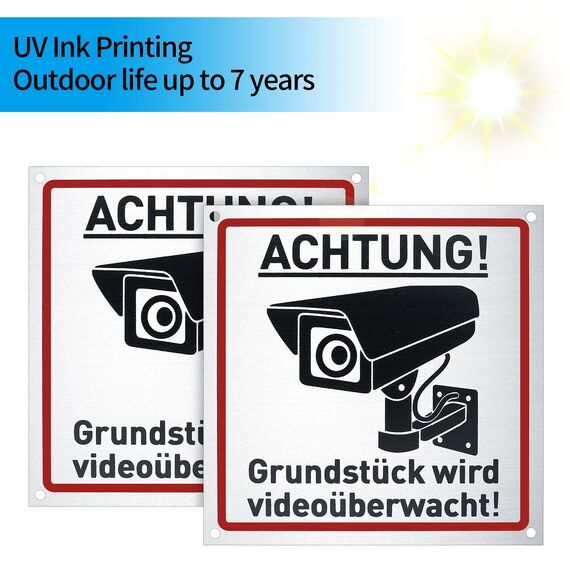 Achtung Videoüberwachung Schild, 4 Stk 15x15 cm Videoüberwachung Privatgrundstück, Videoüberwacht Warnschilder Hinweisschilder Aluminium für Innen Außen Kameraüberwachung