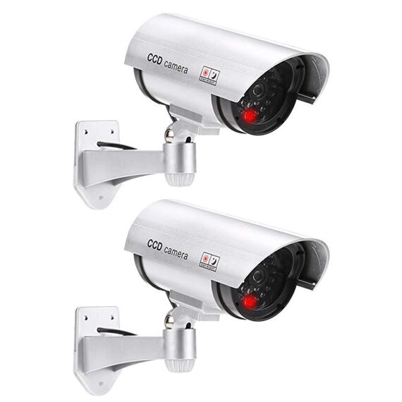 O&W Security 2er Set Überwachungskamera Attrappe Outdoor – Dummy Kamera mit Objektiv & Blink-LED, 360° Decken- oder Wandhalterung (360/120° verstellbar), Abschreckung für Innen & Außen