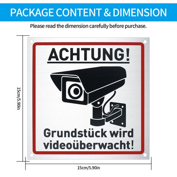 Achtung Videoüberwachung Schild, 2 Stk 15x15 cm Videoüberwachung Privatgrundstück, Videoüberwacht Warnschilder Hinweisschilder Aluminium für Innen Außen Kameraüberwachung