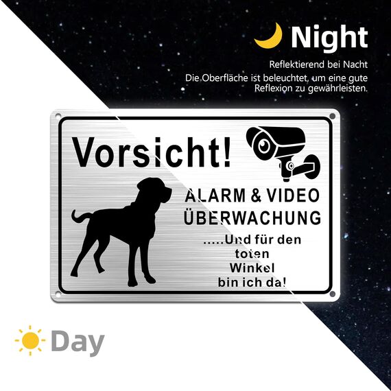 TAKULA Vorsicht Hund Schild, "ALARM & VIDEO ÜBERWACHUNG" 30 * 20cm, Videoüberwachung und Hunde, Mit Toter-Winkel-Warnung mit Klebehintergrund | 1 Stück