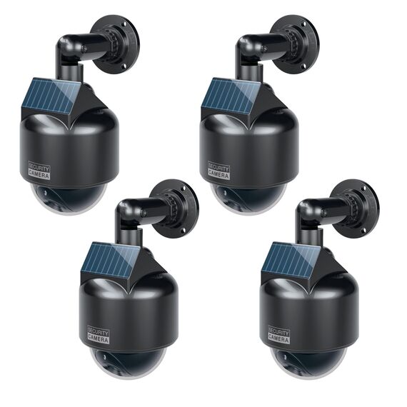 BASI | 4er Set Solar Kamera-Attrappe mit blinkendem LED-Licht | Dome Kamera | Dummy Kamera | Überwachungskamera für Innen- und geschützten Außenbereich | Solar Panel | 360 Grad Halterung | Weiß