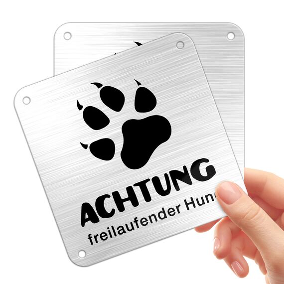 TAKULA 10 * 10CM Vorsicht Freilaufend Hund Schild,2 Stück Selbstklebende Warnschilder,Logo aus gebürstetem Metall,Hundeschild Geeignet für Gärten, Zäune und Tore