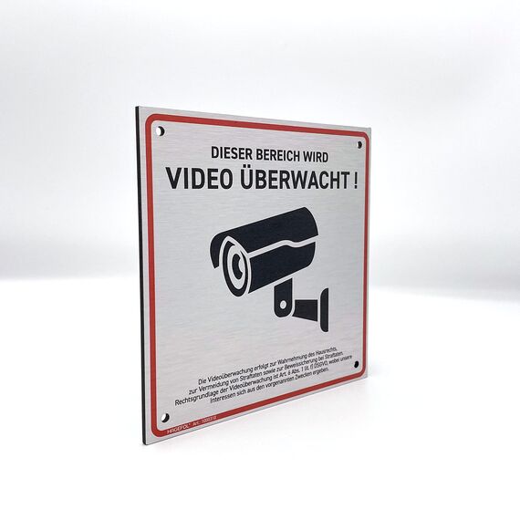 HAGEFOL® Schild Videoüberwachung (15x15 cm - klein) mit DSGVO Hinweis, inkl. 4 Bohrlöcher, Kamera Warnhinweis für Überwachungskamera oder Kamera Attrappe (Aluminium gebürstet)
