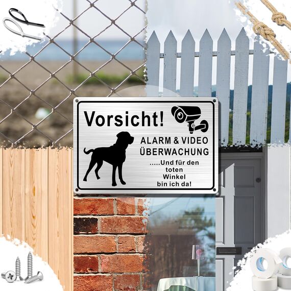 TAKULA Vorsicht Hund Schild, "ALARM & VIDEO ÜBERWACHUNG" 30 * 20cm, Videoüberwachung und Hunde, Mit Toter-Winkel-Warnung mit Klebehintergrund | 1 Stück