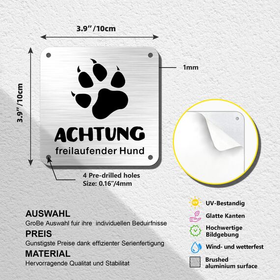 TAKULA 10 * 10CM Vorsicht Freilaufend Hund Schild,2 Stück Selbstklebende Warnschilder,Logo aus gebürstetem Metall,Hundeschild Geeignet für Gärten, Zäune und Tore