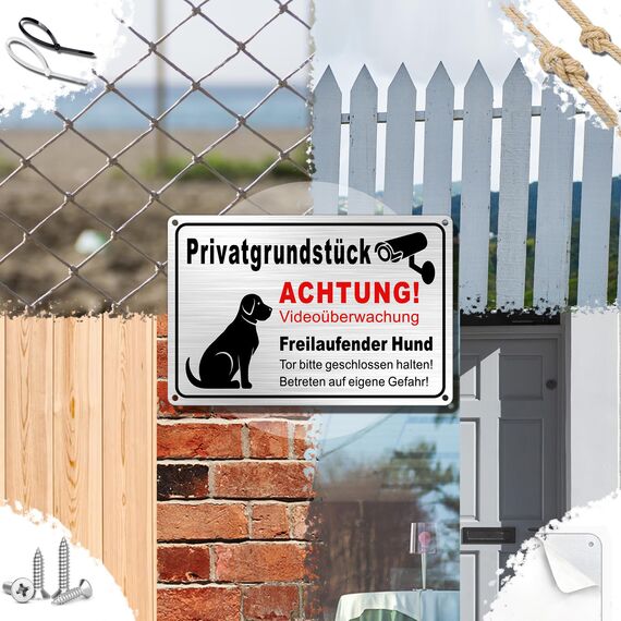 TAKULA Freilaufender Hund Schild- Videouberwachung Privatgrundstuck,30 * 20CM Hier Wache ich Hund Schild,Selbstklebende Warnschilder mit Selbstbohrenden Löchern