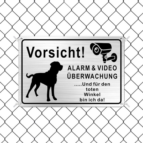 TAKULA Vorsicht Hund Schild, "ALARM & VIDEO ÜBERWACHUNG" 30 * 20cm, Videoüberwachung und Hunde, Mit Toter-Winkel-Warnung mit Klebehintergrund | 1 Stück
