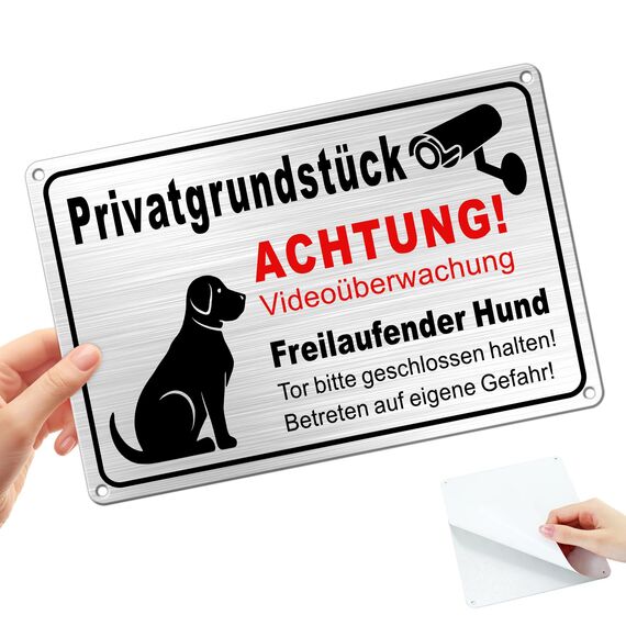 TAKULA Freilaufender Hund Schild- Videouberwachung Privatgrundstuck,30 * 20CM Hier Wache ich Hund Schild,Selbstklebende Warnschilder mit Selbstbohrenden Löchern