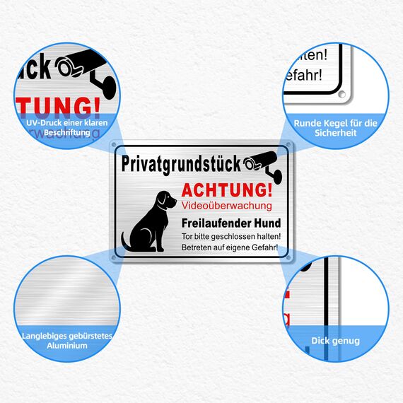 TAKULA Freilaufender Hund Schild- Videouberwachung Privatgrundstuck,30 * 20CM Hier Wache ich Hund Schild,Selbstklebende Warnschilder mit Selbstbohrenden Löchern