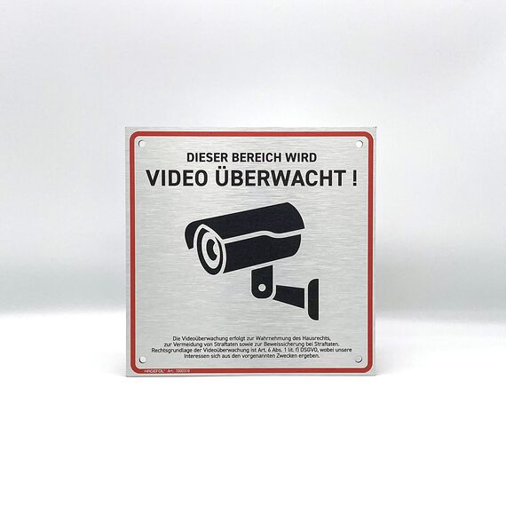 HAGEFOL® Schild Videoüberwachung (15x15 cm - klein) mit DSGVO Hinweis, inkl. 4 Bohrlöcher, Kamera Warnhinweis für Überwachungskamera oder Kamera Attrappe (Aluminium gebürstet)