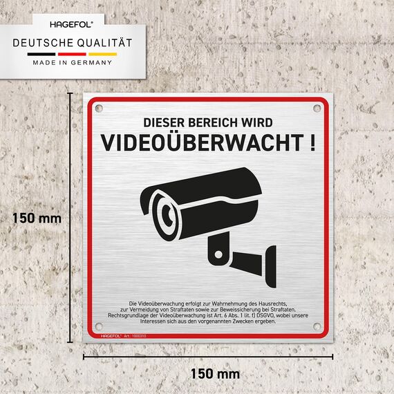 HAGEFOL® Schild Videoüberwachung (15x15 cm - klein) mit DSGVO Hinweis, inkl. 4 Bohrlöcher, Kamera Warnhinweis für Überwachungskamera oder Kamera Attrappe (Aluminium gebürstet)