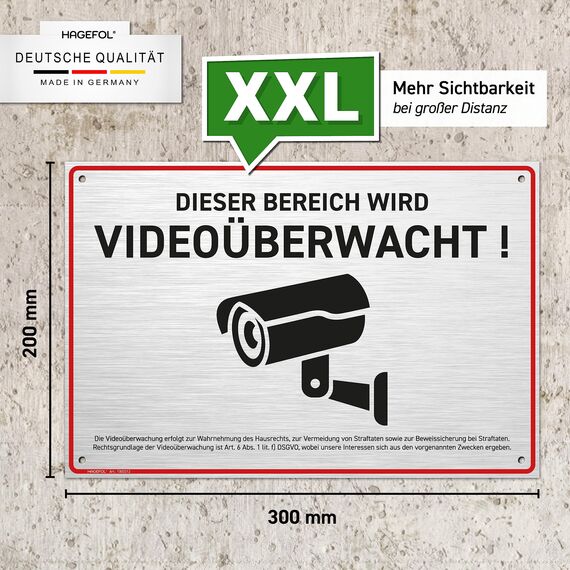 HAGEFOL® Schild Videoüberwachung, 3er Set, (30x20 cm - groß) mit DSGVO Hinweis, inkl. 4 Bohrlöcher, Kamera Warnhinweis für Überwachungskamera oder Kamera Attrappe (Aluminium gebürstet)