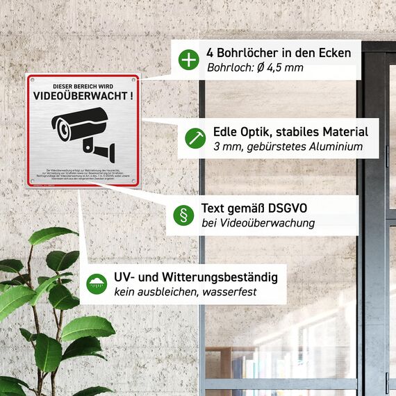 HAGEFOL® Schild Videoüberwachung (15x15 cm - klein) mit DSGVO Hinweis, inkl. 4 Bohrlöcher, Kamera Warnhinweis für Überwachungskamera oder Kamera Attrappe (Aluminium gebürstet)