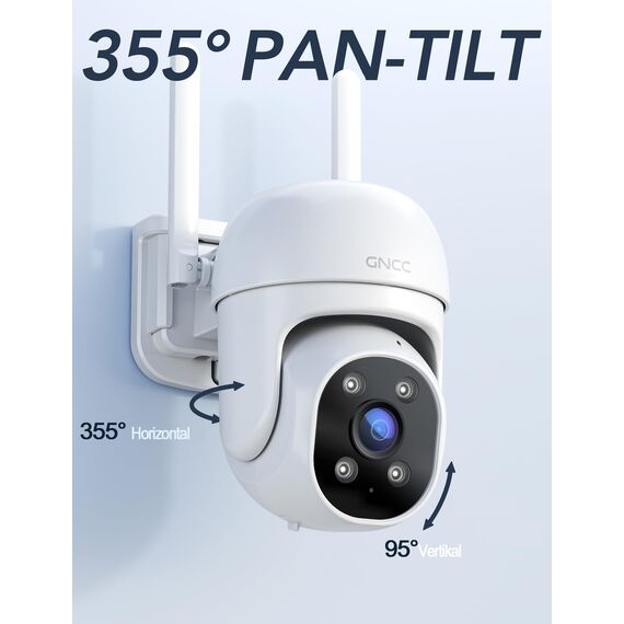 GNCC GK2 WLAN Überwachungskamera Aussen mit KI-Bewegungserkennung, 1080P, 360°-Schwenk-Neige-Funktion, IP65 wasserdicht, Farb-Nachtsicht, Zwei-Wege-Audio, Cloud- & SD-Karten-Speicher