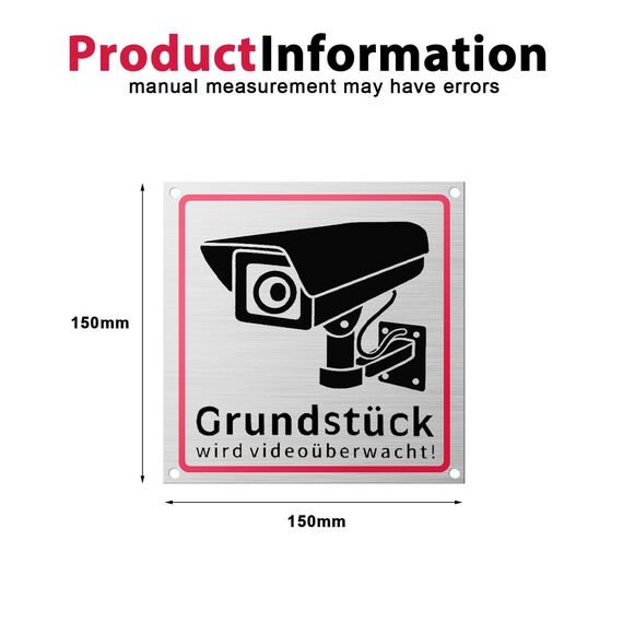 SPORWAY 4 Stück Achtung Videoüberwachung Schild: 15x15cm Videoüberwachung Schild Aluminiumlegierung, Schild Videoüberwachung Sonnen und Regensicher für ÜBerwachungskamera Oder Kamera Attrappe Innen