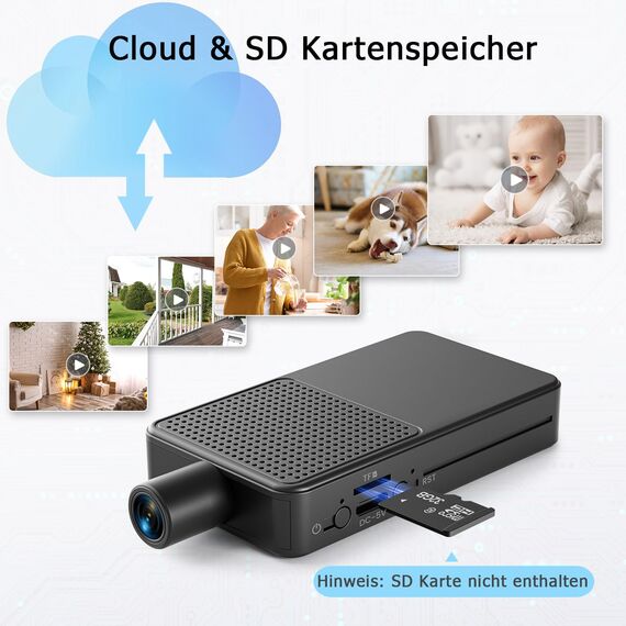 Mini Kamera Überwachung Innen | Überwachungskamera 10hr Akkulaufzeit | Kostenloser Cloud-Speicher, HD Mini Kamera Live Übertragung Handy WLAN, MicroSD Speicherung, Bewegungserkennung & Nachtsicht