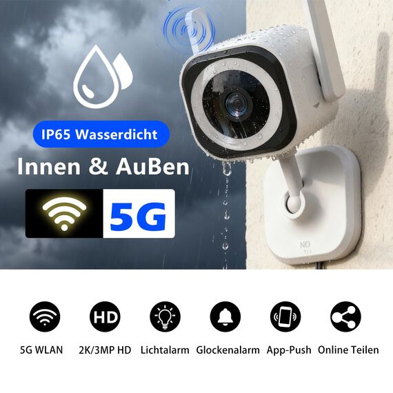 GUOANVISION 5G 2K Kamera Überwachung Aussen/Innen, Überwachungskamera WLAN Camera Indoor/Outdoor, Babyphone mit App, Hundekamera, IP66 Wasserdicht, 2-Wege-Audio, Auto-Zoom, SD &Cloud-Speicher