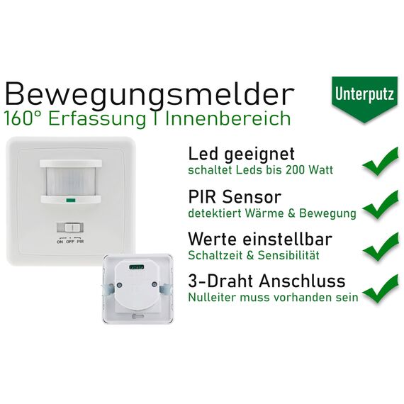 ChiliTec Bewegungsmelder 160° PIR Sensor einstellbar 3-Draht 230V 9m Reichweite Unterputz Wandmontage LED-geeignet Parallel-Schaltung Weiß