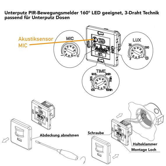 ChiliTec Bewegungsmelder 160° mit Akustiksensor 3-Draht 230V 9m Reichweite Unterputz Wandmontage Sensoren einstellbar LED-geeignet Parallel-Schaltung 4 Stück Weiß