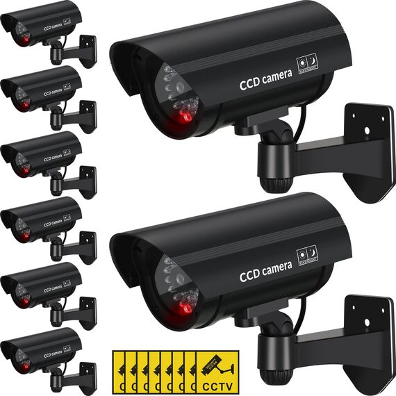 Macarrie 8 Stück gefälschte Kamera, realistische Attrappe, Sicherheitskamera, Kunststoff, gefälschte Video-CCTV-Überwachungssystem mit Bewegungs-LED-Licht für Zuhause, Außen, Innenbereich, keine
