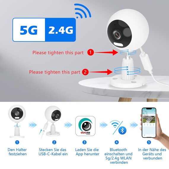 GUOANVISION 5G 2K Kamera Überwachung Aussen/Innen, Überwachungskamera Aussen WLAN Camera Indoor/Outdoor, Babyphone mit App, Hundekamera, IP66 Wasserdicht, 2-Wege-Audio, Auto-Zoom, SD &Cloud-1 Stück