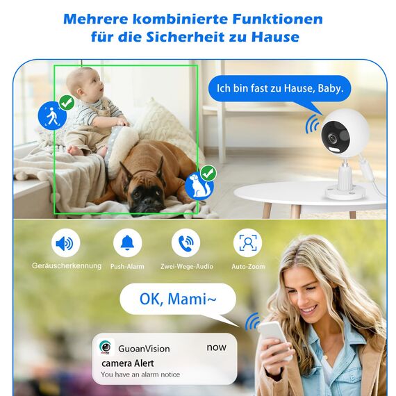 GUOANVISION 5G 2K Kamera Überwachung Aussen/Innen, Überwachungskamera Aussen WLAN Camera Indoor/Outdoor, Babyphone mit App, Hundekamera, IP66 Wasserdicht, 2-Wege-Audio, Auto-Zoom, SD &Cloud-1 Stück