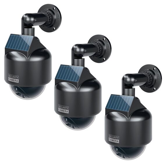 BASI | 3er Set Solar Kamera-Attrappe mit blinkendem LED-Licht | Dome Kamera | Dummy Kamera | Überwachungskamera für Innen- und geschützten Außenbereich | Solar Panel | 360 Grad Halterung | Weiß