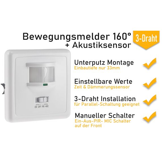 ChiliTec Bewegungsmelder 160° mit Akustiksensor 3-Draht 230V 9m Reichweite Unterputz Wandmontage Sensoren einstellbar LED-geeignet Parallel-Schaltung 4 Stück Weiß