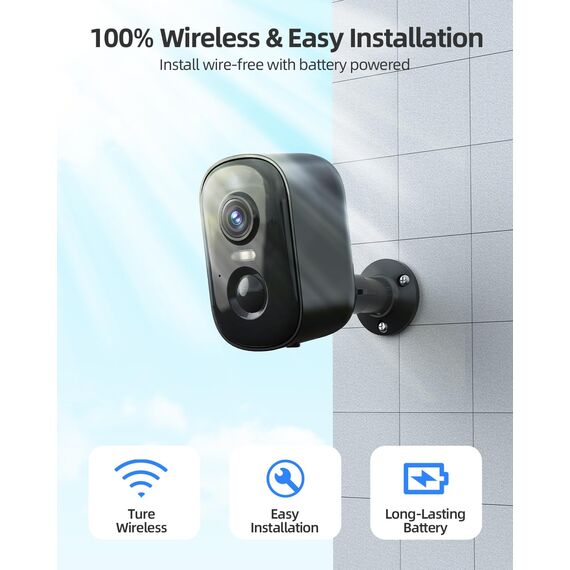 Techage Überwachungskamera Außen Akku, 2K WLAN Kamera für Außenbereich mit KI-Bewegungserkennung, 2,4 GHz, Farb-Nachtsicht, Zwei-Wege-Audio, IP66 Wasserdicht, Cloud/SD-Speicher