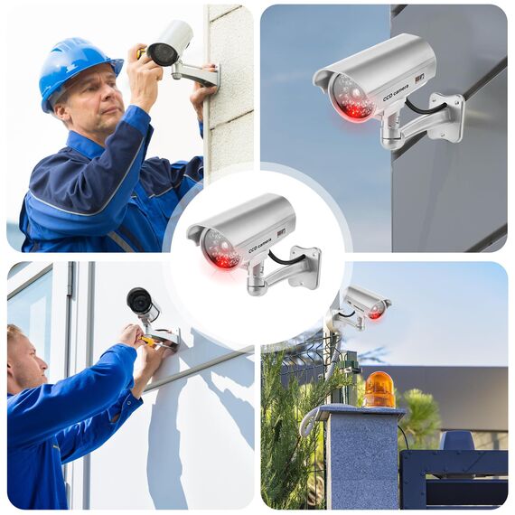 4 Stück Kamera Attrappe, Überwachungskamera Attrappe mit Rot Blinkender LED, Wandhalterung Dummy Kamera, Fake Kamera, Kamera Atrappe Außen für Wand Decke im Innen und Außenbereich, Silber