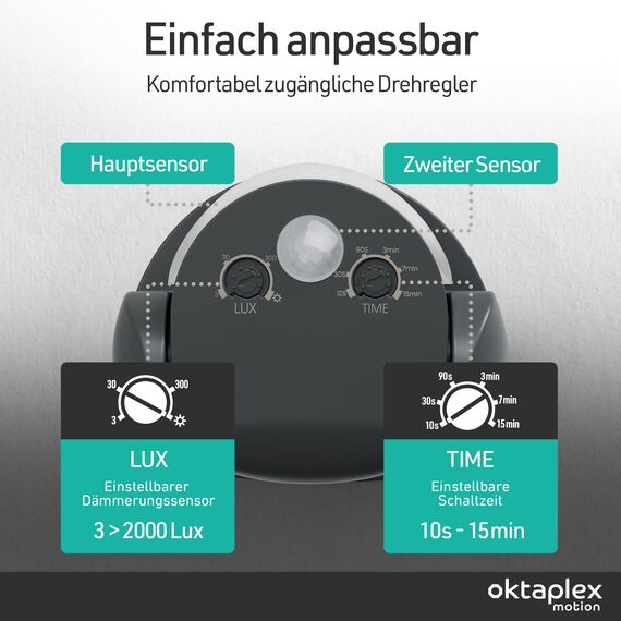 Oktaplex Bea Bewegungsmelder Aussen IP65 schwenkbar 180° Infrarot-Sensor 12m Reichweite 230V anthrazit mit Dämmerungssensor
