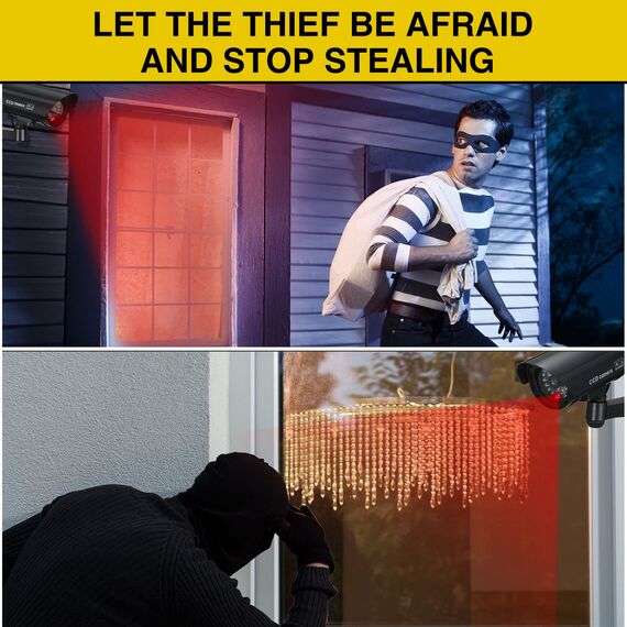 Macarrie 8 Stück gefälschte Kamera, realistische Attrappe, Sicherheitskamera, Kunststoff, gefälschte Video-CCTV-Überwachungssystem mit Bewegungs-LED-Licht für Zuhause, Außen, Innenbereich, keine